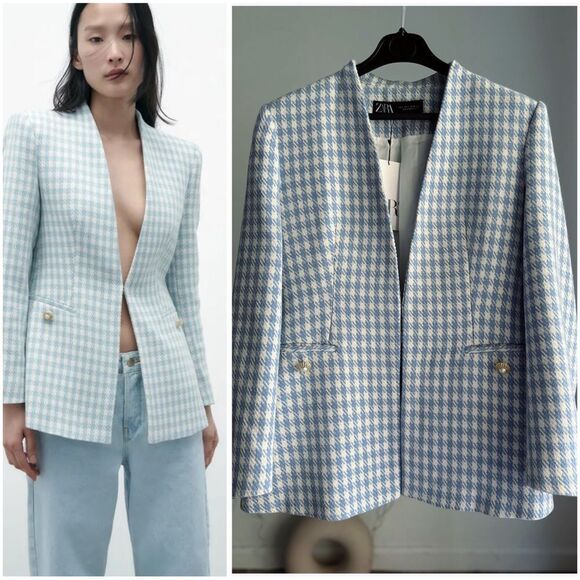 Zara Jackets & Blazers - Zara TEXTURED HOUNDSTOOTH JACKET ECRU/BLUE Large